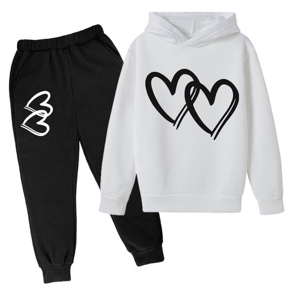 Huowey Valentine's Day Child Kids Boys Girls Heart Shaped Printed Hooded Pullover and Pants Casual Sports Outfits Set