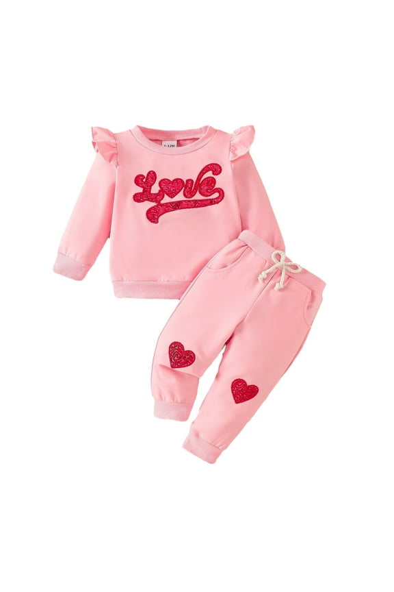 Valentines Toddler Girls Tracksuit Ruffles Long Sleeve Love Letter Sequin Embroidery Crewneck Sweatshirt Pullover Tops Elastic Waist Pants Sweatsuits Outfits Fashion Streetwear,Red,6-12 Months