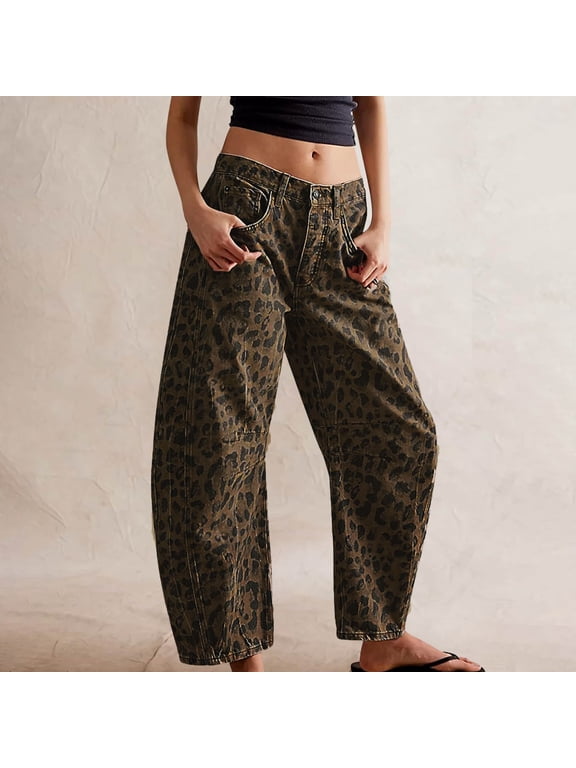 Wide Leg Pants Woman Leopard Print Straight Leg High Waist Jeans Fashionable Patchwork Denim Trousers Long Pants Retro Casual Vintage Trendy Streetwear,Gold,L