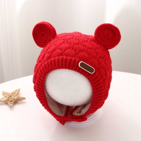 Huowey Winter Baby Hat With Cute Ear Soft Knitted Earflaps Hat Solid Color Thick Thermal Windproof Cozy Warm Cap,Red,One Size