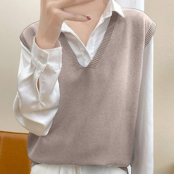 Huowey Winter Coats For Women Knit Sweater Vest Sleeveless Pullover V-Neck Oversized Cardigan Layering Loose Fit Solid Color Cozy Soft Dailywear Fall Fashion Winter Clothing,Khaki,L