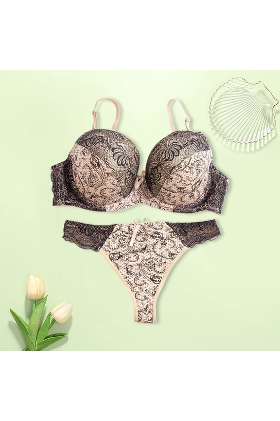 Wireless Bras For Women Lace Embroidery Color Block Patchwork Underwear Set Full Coverage Plus Size Bra Panty Thong 2 Piece Cozy Outfits Tshirt Everyday Bras,Beige,34BC