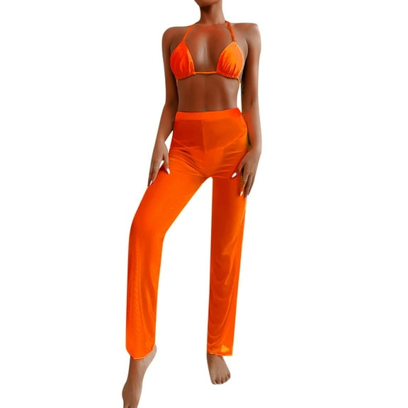 Huowey Women 3PCS Swimsuit Set Bandeau Bandage Bikini Set Push-Up Brazilian Swimwear Beachwear Swimsuit Cover Up Pants Beach Vacation Swim Wear Honeymoon Cruise Trendy Wear