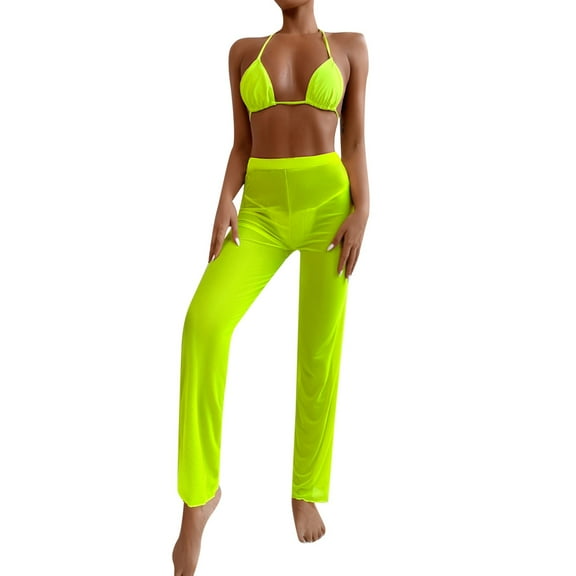 Huowey Women 3PCS Swimsuit Set Bandeau Bandage Bikini Set Push-Up Brazilian Swimwear Beachwear Swimsuit Cover Up Pants Bohemian Bathing Suit Honeymoon Cruise Trendy Wear