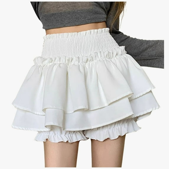 Huowey Women Ballet Mini Skirts Solid Color Smocked High Waist Ruffles Tiered Elegant Flowy Casual Boho Layered Pleated Beach Short Skirt,White,L