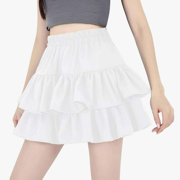 Huowey Women Ballet Mini Skirts Solid Color Smocked High Waist Ruffles Tiered Elegant Flowy Casual Boho Layered Pleated Beach Short Skirt,White,L