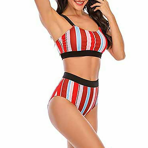 Huowey Women Bikini Plus Size Swimsuit Striped Sexy Backless Beach Vacation New Plus Size Swimwear Pool Bathing Suit Honeymoon Cruise Trendy Wear