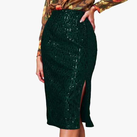 Huowey Women Bodycon Midi Skirts Sequin Split Slim Fit Solid Color Stylish High-Waist Long Pencil Skirt Office Stretchy Summer Casual Club Going Out Casual Dailywear,Green,XL