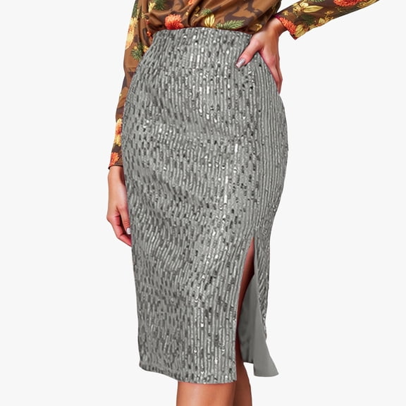 Huowey Women Bodycon Midi Skirts Sequin Split Slim Fit Solid Color Stylish High-Waist Long Pencil Skirt Office Stretchy Summer Casual Club Going Out Casual Dailywear,Grey,XL