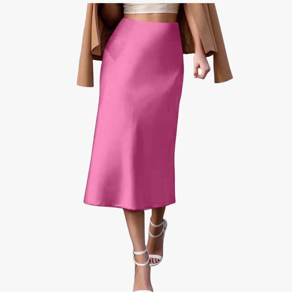Huowey Women Bodycon Midi Skirts Stain Slim Fit Solid Color Stylish High-Waist Long Pencil Skirt Office Stretchy Summer Casual Club Going Out Casual Dailywear,Pink,L