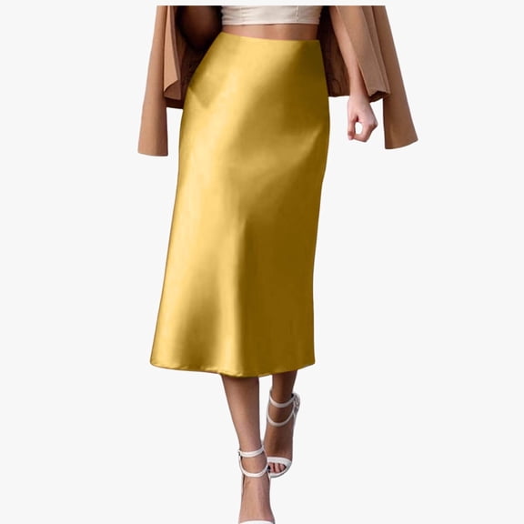 Huowey Women Bodycon Midi Skirts Stain Slim Fit Solid Color Stylish High-Waist Long Pencil Skirt Office Stretchy Summer Casual Club Going Out Casual Dailywear,Yellow,XXL