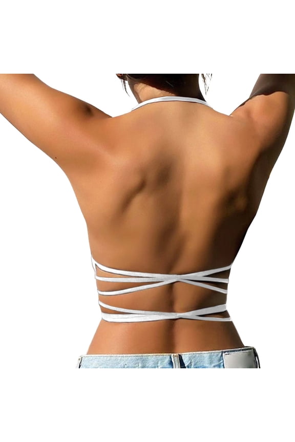 Women Bra Backless Halter Neck Solid Color Wireless Seamless Crop Top Support Cross Strappy Athletic Yoga Workout Tank Comfortable Bralette Dailywear,White,One Size