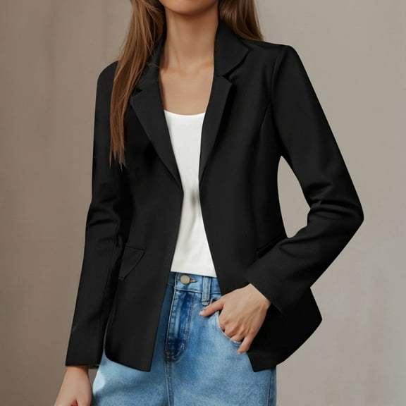 Huowey Women Business Blazer Lapel Collar Open Front Suit Jacket Work Coat With Pockets Casual Long Sleeve Loose Fit Slim Elegant Trench Jacket Coat,Black,M