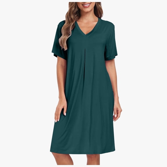 Huowey Women Casual Dresses Solid Color V-Neck Short Sleeve Loose Fit Nightgown Nightdress Sleepshirt Cozy Soft Comfy Midi Length Nightdress Loungewear,Green,XL