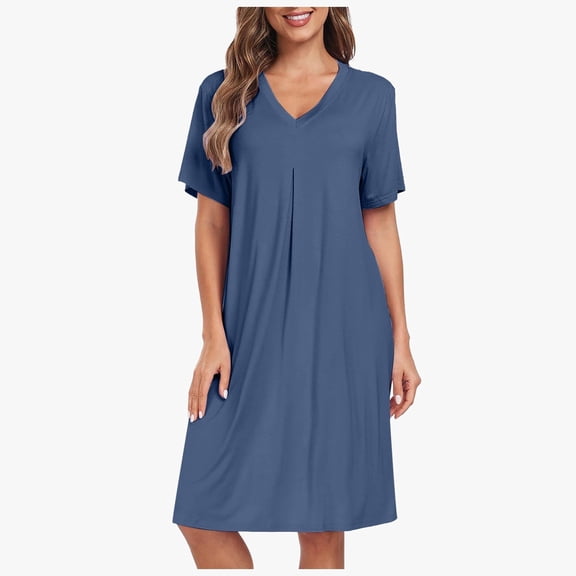 Huowey Women Casual Dresses Solid Color V-Neck Short Sleeve Loose Fit Nightgown Nightdress Sleepshirt Cozy Soft Comfy Midi Length Nightdress Loungewear,Blue,XL