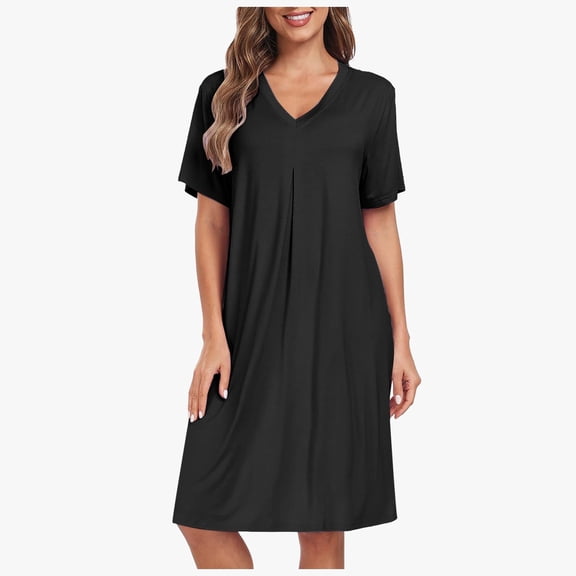 Huowey Women Casual Dresses Solid Color V-Neck Short Sleeve Loose Fit Nightgown Nightdress Sleepshirt Cozy Soft Comfy Midi Length Nightdress Loungewear,Black,XL