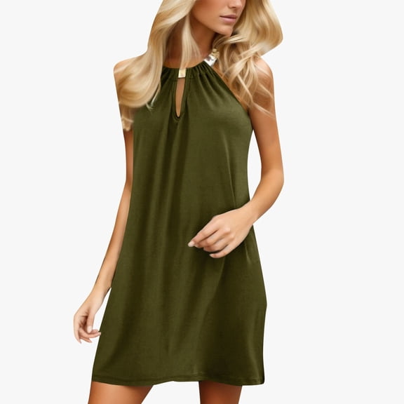 Huowey Women Casual Sleeveless Halter Neck Dress Midi Knee Solid Color A-Line Dresses Breathable Fashionable Summer Beach Vacation Sundress,Army Green,M