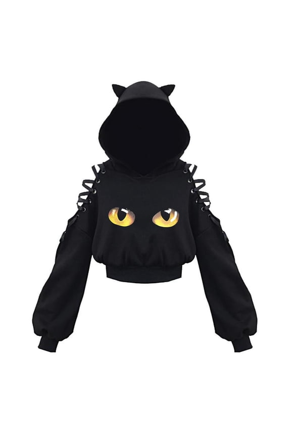 Women Cat Ear Cropped Hoodie Cat Eyes Graphic Print Lace Up Long Sleeve Ribbed Hem Gothic Loose Fit Short Sweatshirt Pullover Top Fall Clothes,Black,S