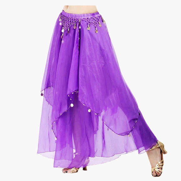 Huowey Women Chiffon Belly Dance Skirt Solid Color High Waist Sequins| Dance Half Skirt Irregular Mesh Stage Performance Flowing A Line Dancewear Stylish Skirts,Purple,A