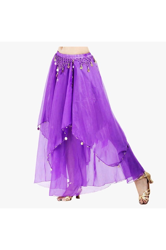 Women Chiffon Belly Dance Skirt Solid Color High Waist Sequins| Dance Half Skirt Irregular Mesh Stage Performance Flowing A Line Dancewear Stylish Skirts,Purple,A