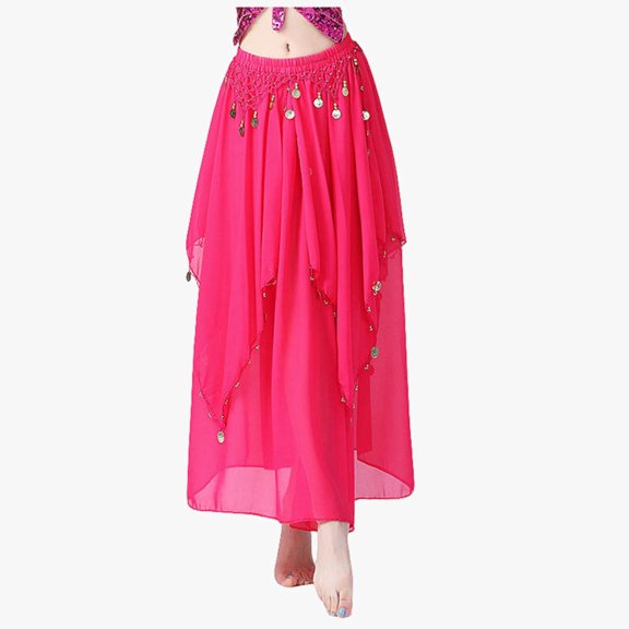 Huowey Women Chiffon Belly Dance Skirt Solid Color High Waist Sequins| Dance Half Skirt Irregular Mesh Stage Performance Flowing A Line Dancewear Stylish Skirts,Hot Pink,A
