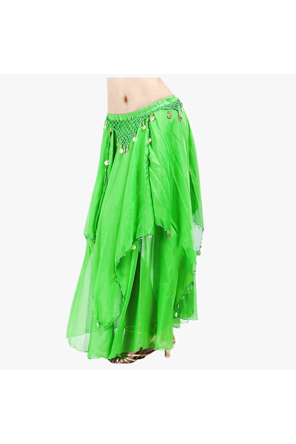 Women Chiffon Belly Dance Skirt Solid Color High Waist Sequins| Dance Half Skirt Irregular Mesh Stage Performance Flowing A Line Dancewear Stylish Skirts,Green,A