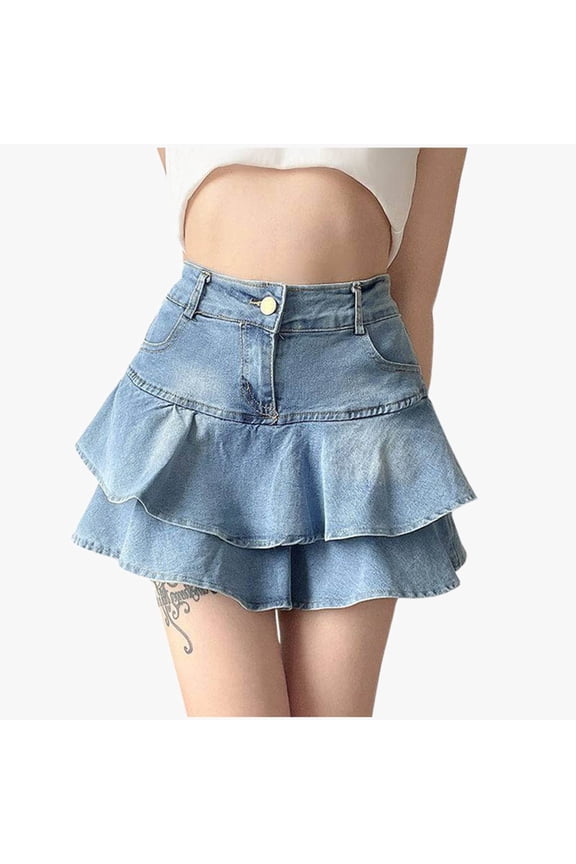 Women Denim Mini Skirt Tiered High Waist Ruffle Retro Slim A-Line Layer Solid Color Fashionable Elegant Comfy Casual Short Jean Skirts ,Light Blue,M