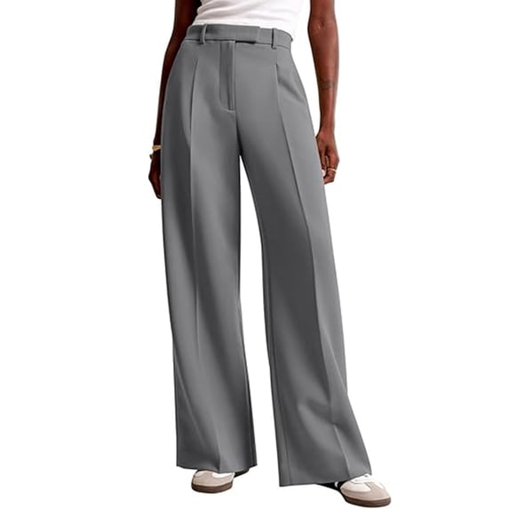 Huowey Women Dress Pants Solid Colot High Waisted Wide Leg Casual Suit Pants Straight Leg Pleated Trendy Baggy Casual Trousers Dressy Flowy Lightweight Cozy Palazzo Pants,Grey,XL