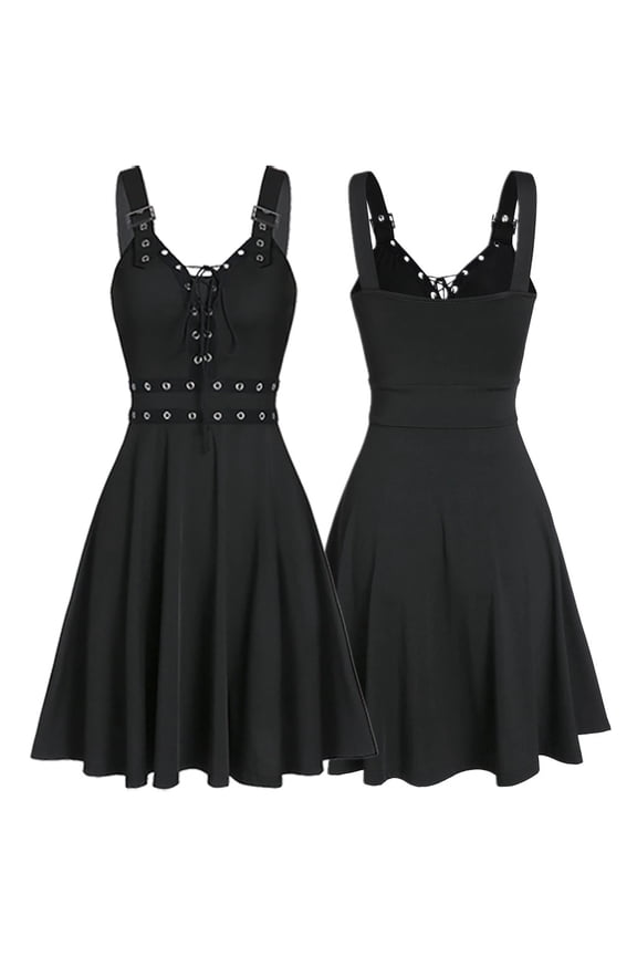 Women Dresser Solid Color Sleeveless Buckle Adjustable Strap Ruffled A-Line Gothic Lace-Up Bandage Camisole Fit Flare Mini Dress Fashionable Casual Party Beach Gowns,Black,L