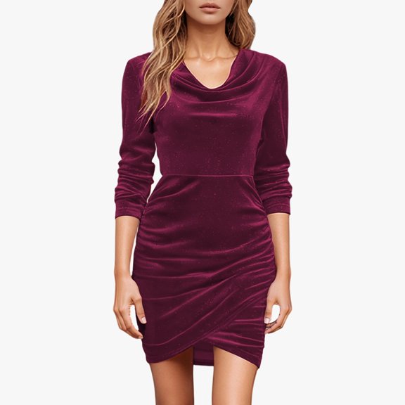 Huowey Women Elegant Dress Winter Spring Long Sleeve Casual Velvet Dress Cowl Neck High Waist Soft Slim Fit Solid Color Ruched Slit Bodycon Party Wedding Dresses,Wine,S