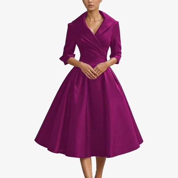 Huowey Women Elegant Formal Dresses V-Neck Long Sleeve High Waist Cinching Ruffles Midi Dress Turndown Collar Business Fashion Wedding Guest Dress,Purple,S
