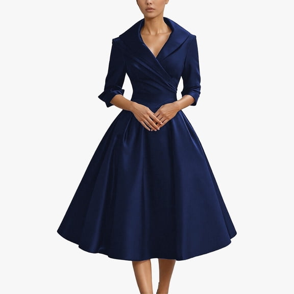 Huowey Women Elegant Formal Dresses V-Neck Long Sleeve High Waist Cinching Ruffles Midi Dress Turndown Collar Business Fashion Wedding Guest Dress,Blue,XS