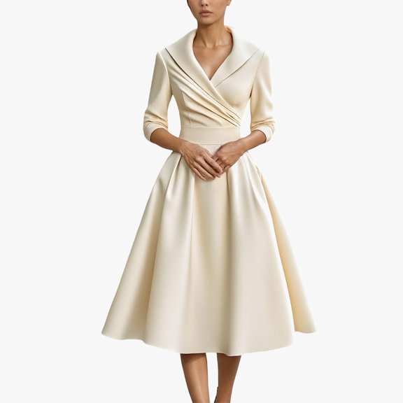 Huowey Women Elegant Formal Dresses V-Neck Long Sleeve High Waist Cinching Ruffles Midi Dress Turndown Collar Business Fashion Wedding Guest Dress,White,XS