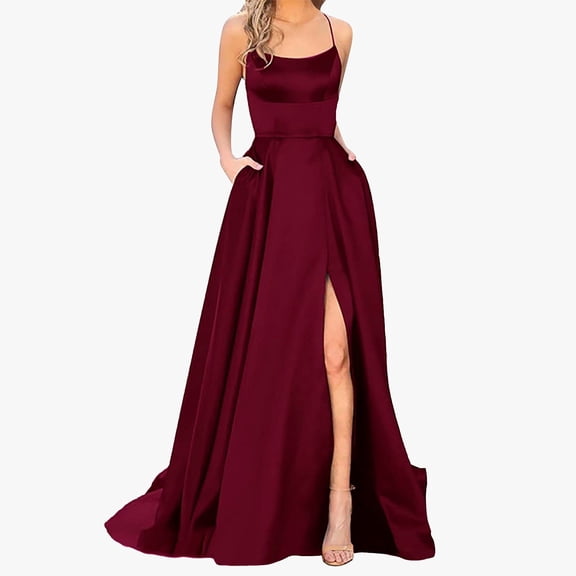 Huowey Women Elegant Formal Prom Dresses Cross Spaghetti Strap Sleeveless Scoop Neck High Split Ruffles Backless Wedding Party Evening Ball Gown Satin Maxi Dress,Red,XXXL