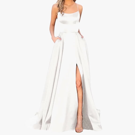 Huowey Women Elegant Formal Prom Dresses Cross Spaghetti Strap Sleeveless Scoop Neck High Split Ruffles Backless Wedding Party Evening Ball Gown Satin Maxi Dress,White,XXL