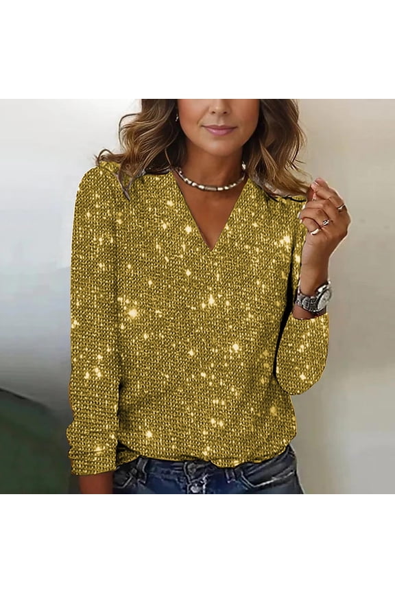Women Elegant Sequin Top Shirt Long Sleeve V Neck Sparkly Solid Color Fashionable Shirts Tunic Knit Oversized Pullover Blouse For Party Club Streetwear,Yellow,M