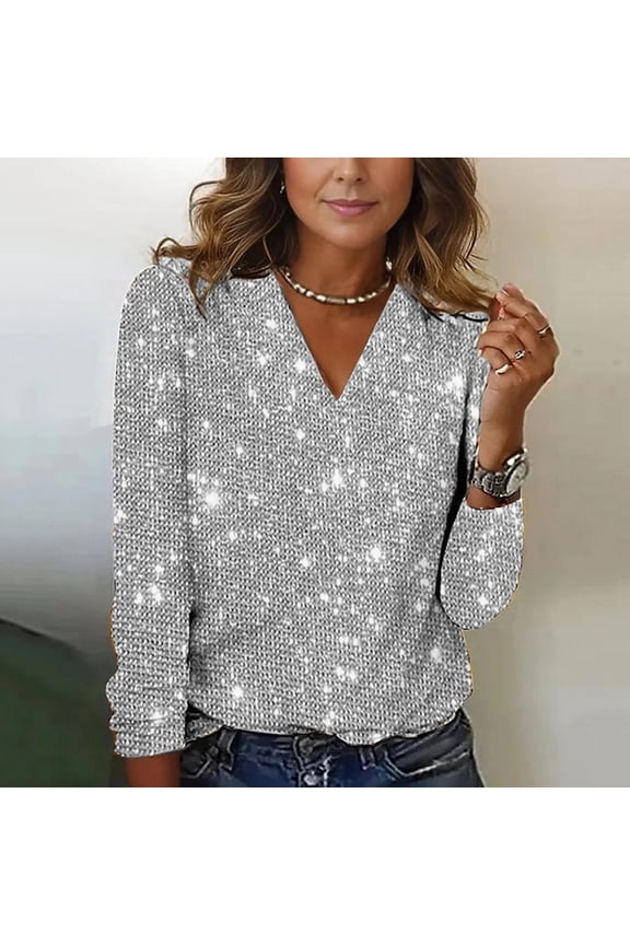 Women Elegant Sequin Top Shirt Long Sleeve V Neck Sparkly Solid Color Fashionable Shirts Tunic Knit Oversized Pullover Blouse For Party Club Vacation Trendy,Grey,L
