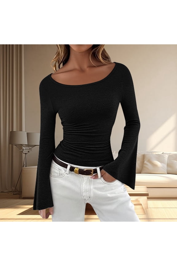 Women Elegant T Shirt Boat Neck Solid Color Flared Long Sleeve Slim Blouse Fashionable Layered Casual Stylish Tops Casual Top Blouse,Black,L