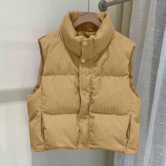 Huowey Women Fall Sweater Corduroy Puffer Vest Sleeveless Stand Collar Solid Color Oversized Loose Fit Short Padded Jacket Outerwear Winter Clothing Dressy Casual Soft,Khaki,Xl
