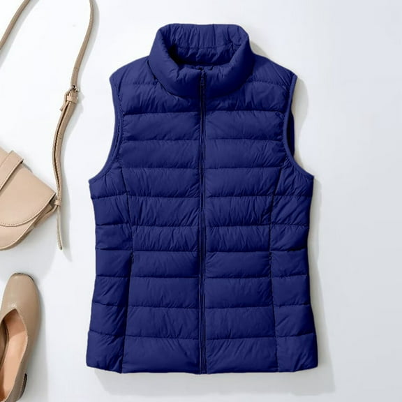 Huowey Women Fall Sweater Lightweight Down Vest Padded Warm Winter Full Zipper Up Sleeveless Jacket Quilted Gilet Solid Color Cozy Waistcoat Winter Clothing Dressy Casual Soft,Navy,Xxl