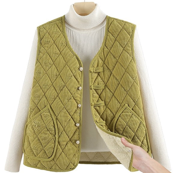 Huowey Women Fall Sweater Quilted Vest Thickened Warm Sleeveless Button Down Jacket Solid Color V-Neck Casual Based Layered Waistcoat With Pockets Casual Sweater Clothes Trendy Outfits,Green,Xxl