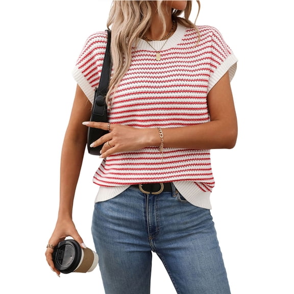Huowey Women Fall Sweater Striped Knit Pullover Sweater Sleeveless Casual Crewneck Cozy Sofy Relaxed Loose Fit Stylish Outwear Casual Sweater Clothes Trendy Outfits,Red,Xl