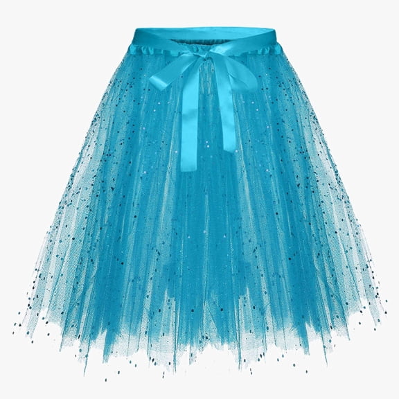 Huowey Women Fashion Sequin Tutu Skirt Solid Color Lace Up Belt High Waist Layered Irregular Hem Puffy Midi Length Ruffled Tulle Layered Mesh Skirts,Blue,C