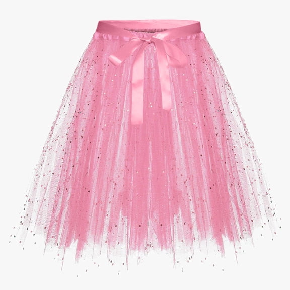 Huowey Women Fashion Sequin Tutu Skirt Solid Color Lace Up Belt High Waist Layered Irregular Hem Puffy Midi Length Ruffled Tulle Layered Mesh Skirts,Pink,A