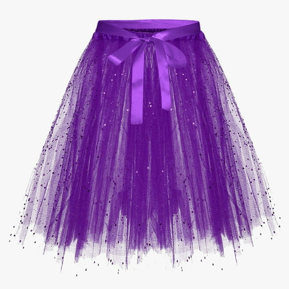 Huowey Women Fashion Sequin Tutu Skirt Solid Color Lace Up Belt High Waist Layered Irregular Hem Puffy Midi Length Ruffled Tulle Layered Mesh Skirts,Purple,C