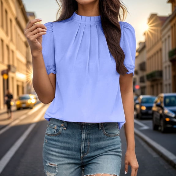 Huowey Women Fashion Shirt Tops Short Sleeve Lace Trim Pleated Neck Solid Color Casual Loose Blouse T Shirt Puff Sleeve Loose Fit Lightweight Fashionable Tees Dailywear,Blue,L