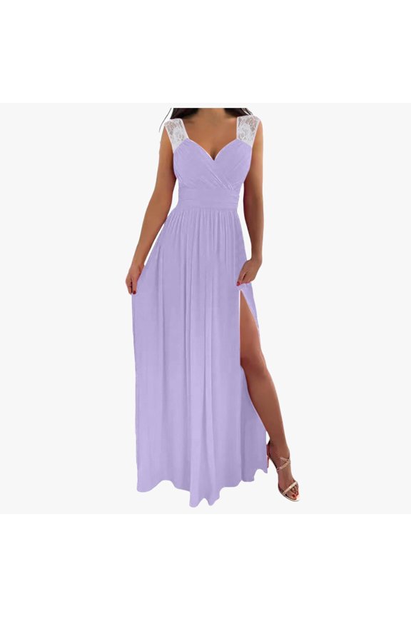 Women Formal Party Dress Lace Sleeveless Solid Color Deep V-Neck Full Length Spring Summer Splicing Casual High Split Ruffles Ruched Wedding Party Gowns,Light Purple,XXL