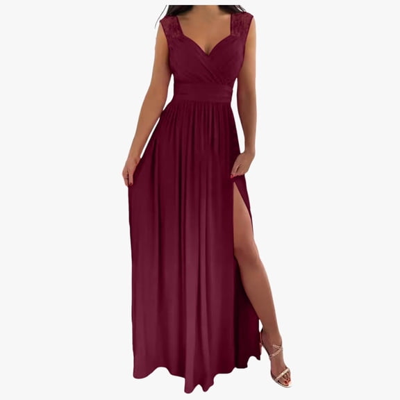 Huowey Women Formal Party Dress Lace Sleeveless Solid Color Deep V-Neck Full Length Spring Summer Splicing Casual High Split Ruffles Ruched Wedding Party Gowns,RD2,S