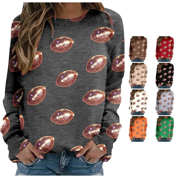 Huowey Women Glitter Football All Over Print Crewneck Sweatshirt Long Sleeve Soft Loose Casual Game Pullover Tops,Dark Gray,L