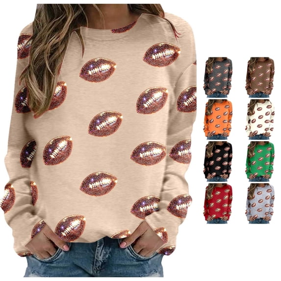 Huowey Women Glitter Football All Over Print Crewneck Sweatshirt Long Sleeve Soft Loose Casual Game Pullover Tops,Khaki,L